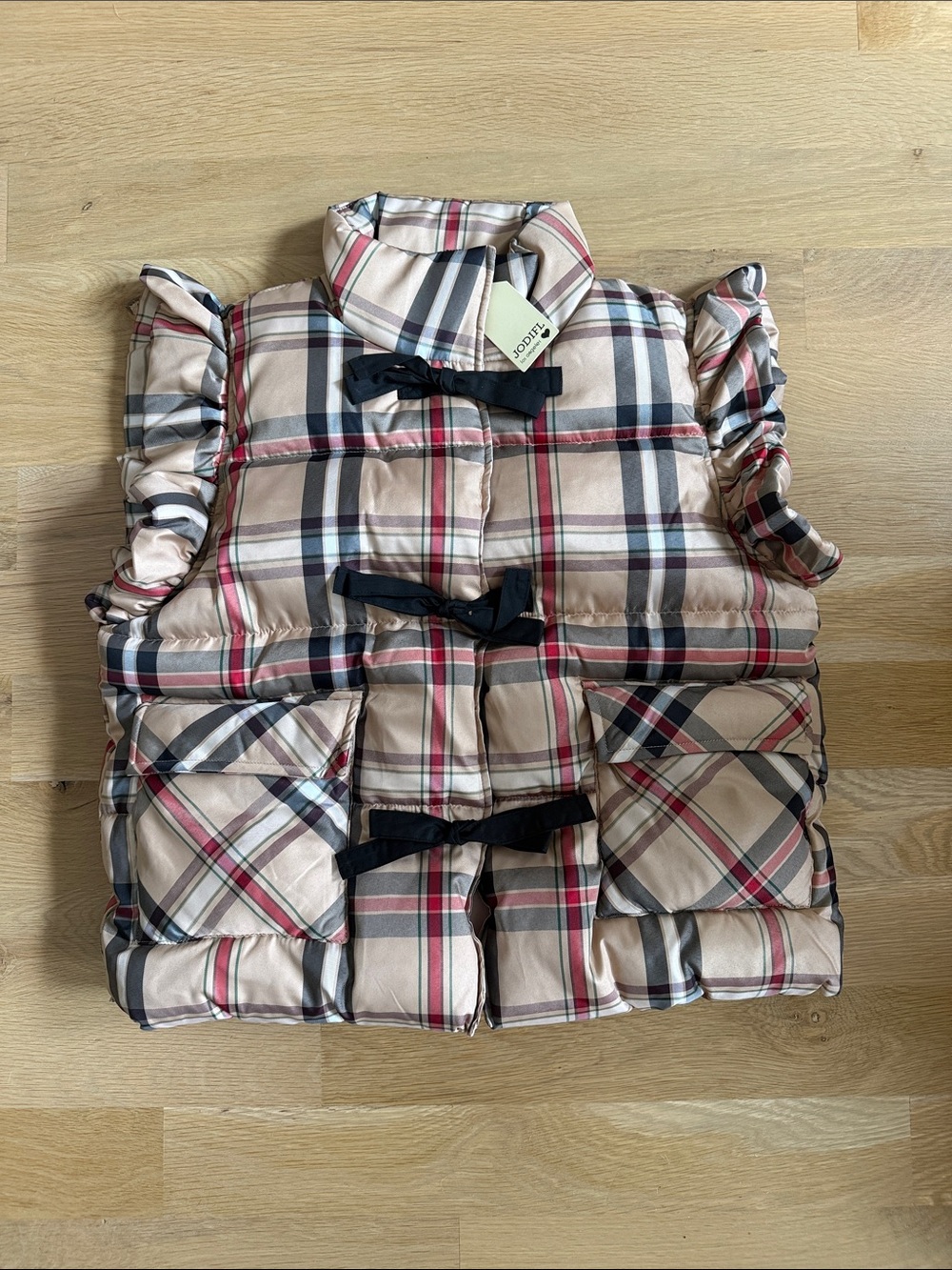JODIFL Beige Plaid Puffer Vest with Black Bow Closures